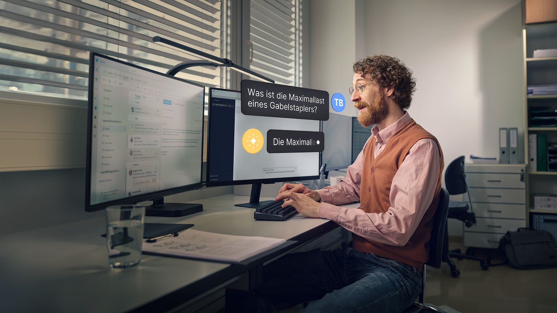 Mann im Büro kommuniziert mit KI. KI ist gerade noch am Antwort generieren. 