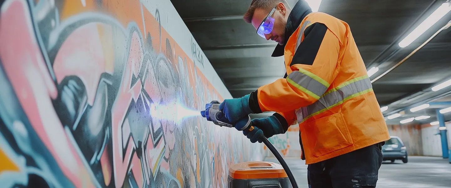 Laserreinigung1 Blau 1440 Credit KI Generiert Mit Midjourney Von M. Pravits Mann beim Laserreinigen einer Graffiti-Wand