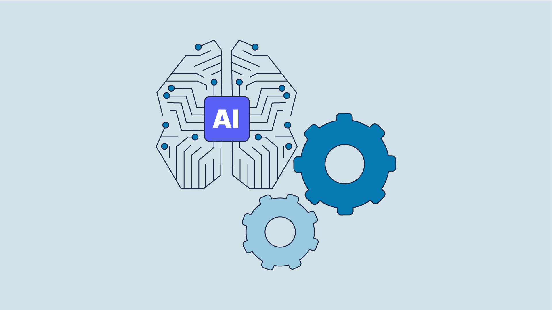 Schematische Darstellung eines Gehirns mit AI-Symbol und zwei Zahnrädern