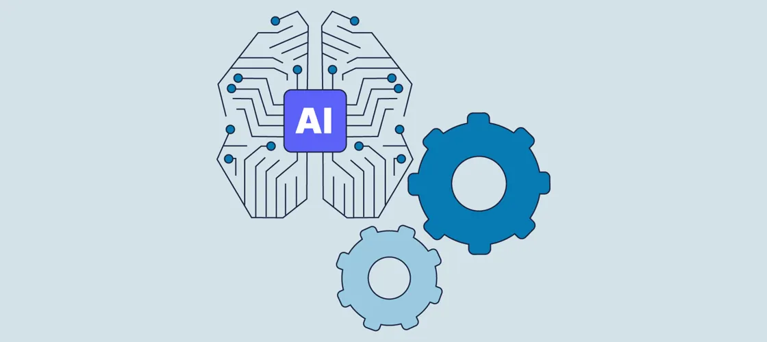 Effizienz Produktivität Mit AI ©Romanaroithner Schematische Darstellung eines Gehirns mit AI-Symbol und zwei Zahnrädern