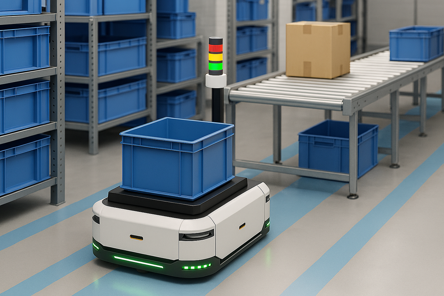 Fahrerloses Transportsystem bewegt sich auf einen Packtisch zu