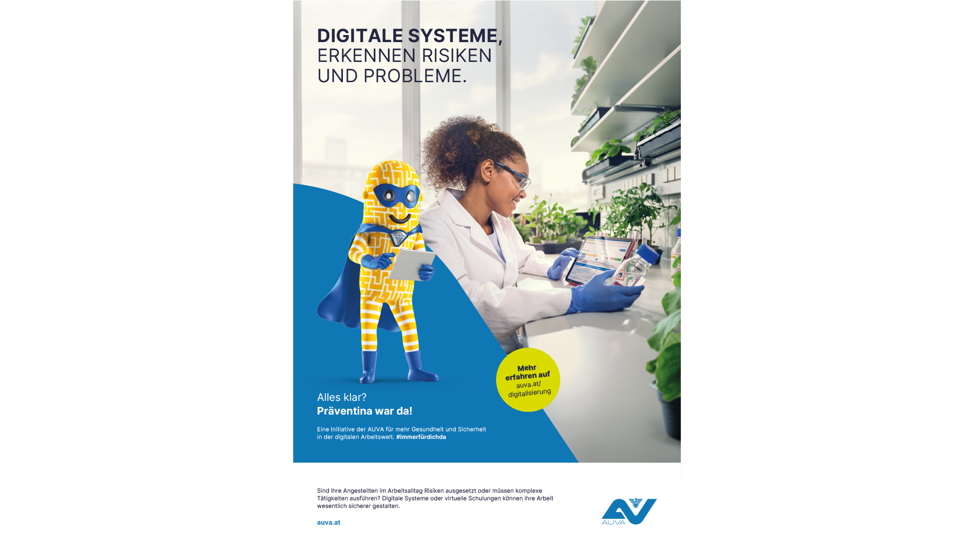 Arbeitgebersujet Digital unterstützende Systeme: Laborantin erkennt mittels Arbeitsstoffverzeichnis der AUVA die Risiken. 