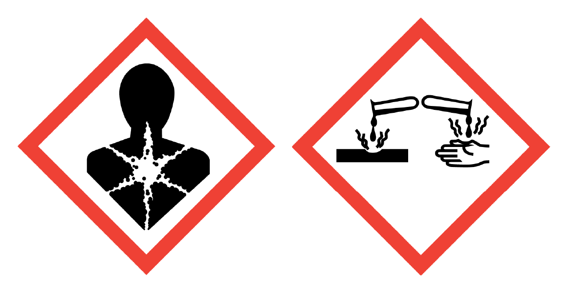 Darstellung der GHS-Gefahrenpiktogramme für Gesundheitsgefahr und Ätzwirkung nebeneinander