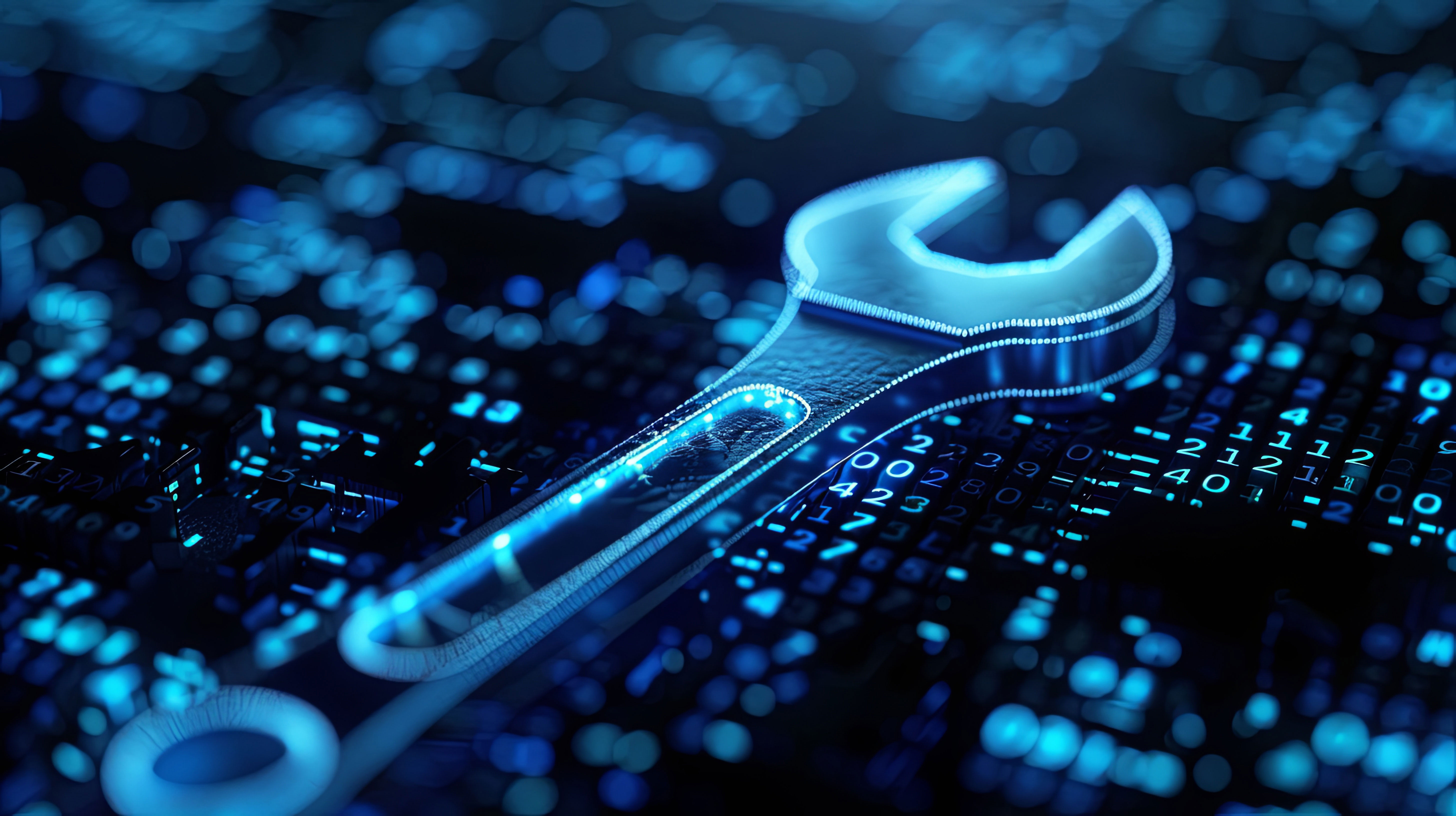 Schraubenschlüssel liegt auf numerischen Codezeilen und symbolisiert Fernwartung. 