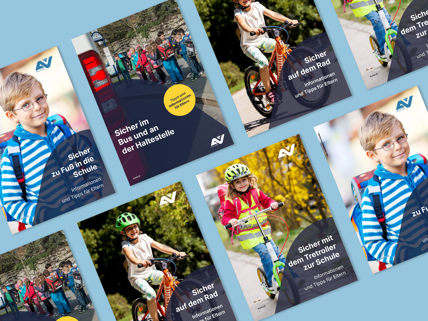 Übersicht mit unterschiedlichen Titelbildern der AUVA-Elternbroschüren