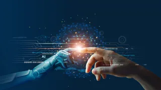 Zeigefinger des Roboters und des Menschens treffen sich. Sie zeigen die zunehmende Zusammenarbeit von Menschen und Robotern.