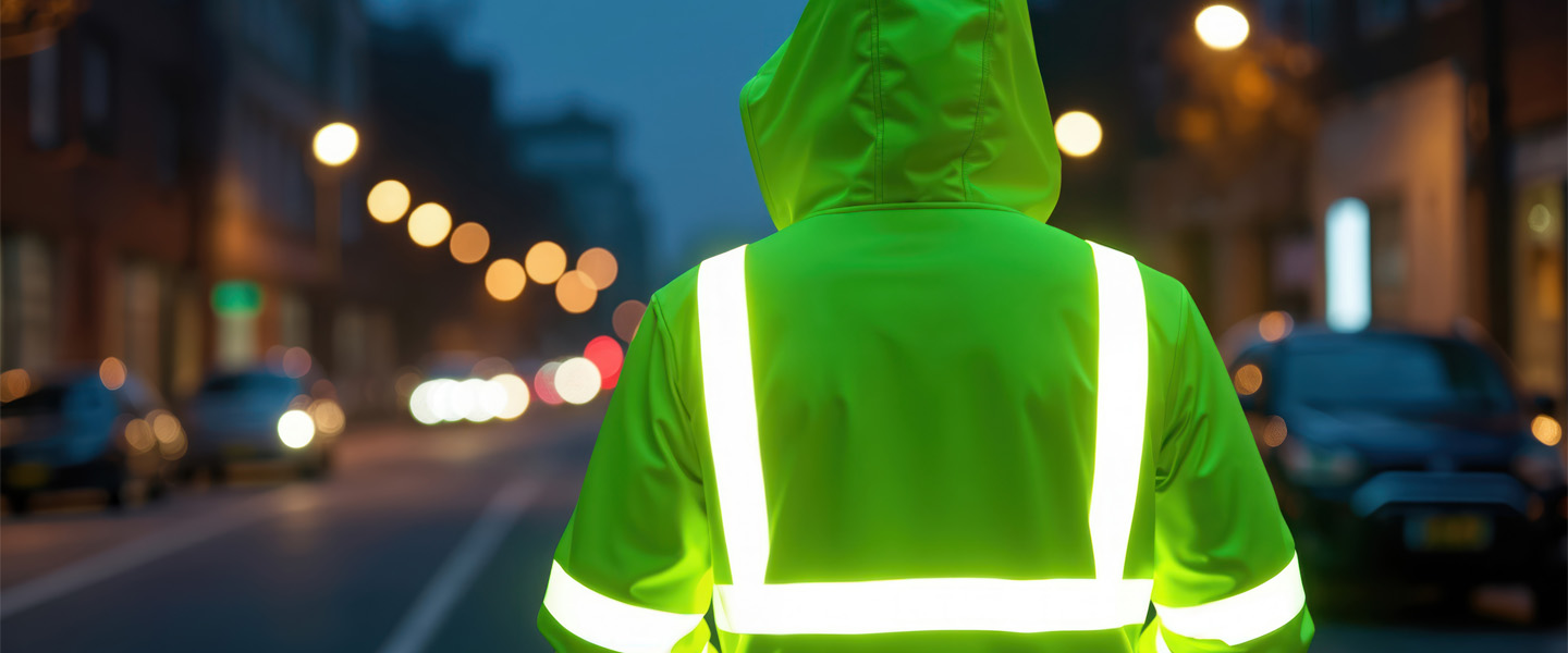 Ein Mensch in einer reflektierenden Warnjacke blickt in der Abenddämmerung auf eine Straße. Im Hintergrund sieht man Lichter entgegenkommender Fahrzeuge.