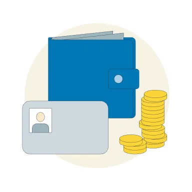 Grafische Darstellung zum Thema finanzielle Entschädigung mit einer Geldbörse, Münzen und einer Bankkarte  Grafische Darstellung zum Thema finanzielle Entschädigung mit einer Geldbörse, Münzen und einer Bankkarte