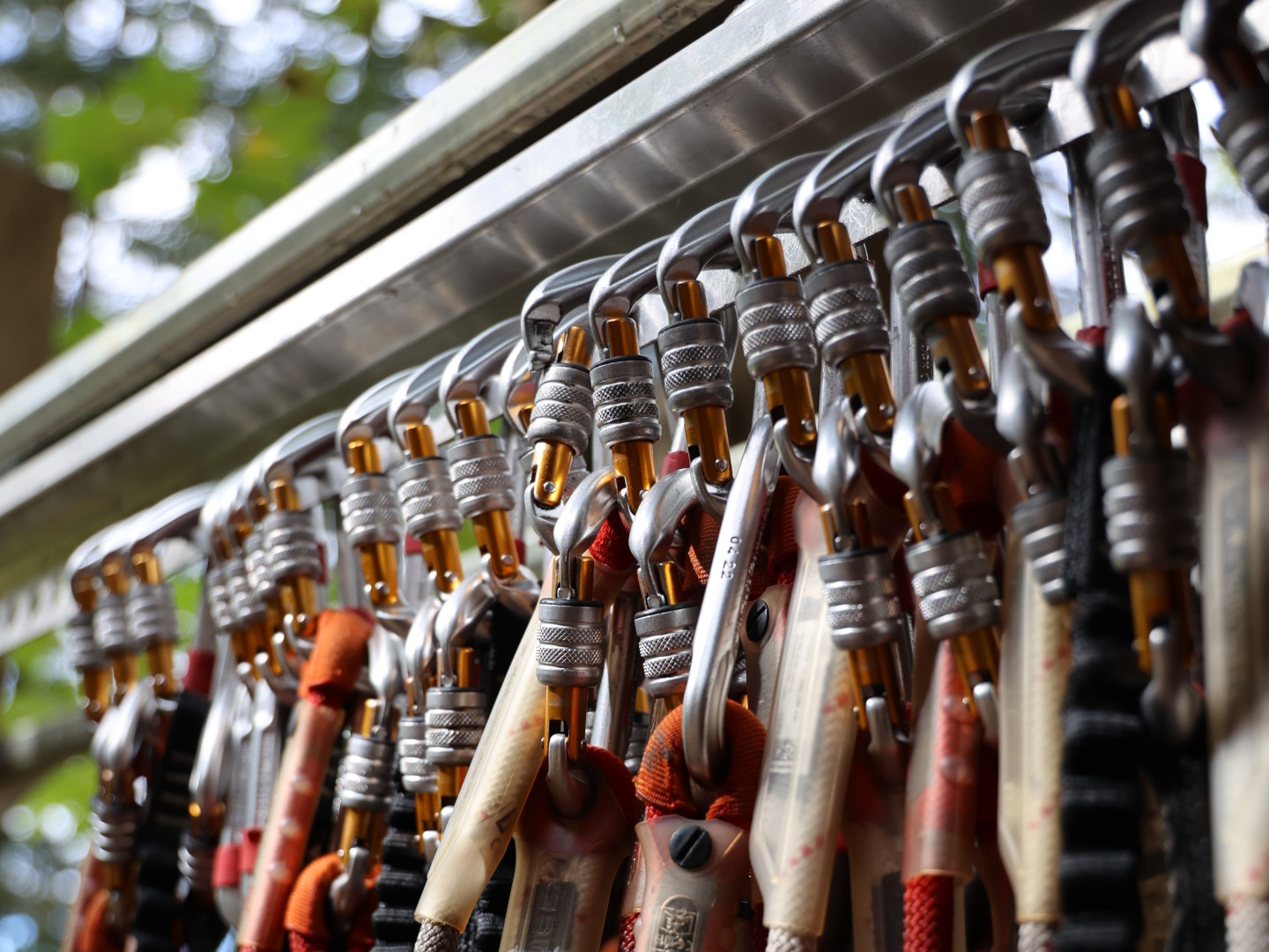 Nahaufnahme mehrerer Kletterseile mit Karabinern 