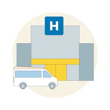 Grafische Darstellung zum Thema Unfallheilbehandlung mit einem Krankenhaus und einem Rettungswagen  Grafische Darstellung zum Thema Unfallheilbehandlung mit einem Krankenhaus und einem Rettungswagen