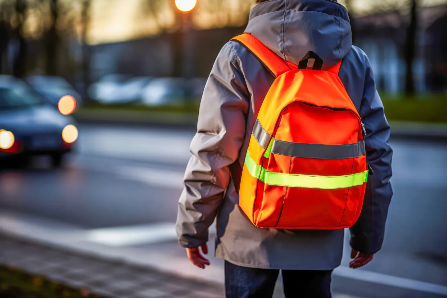 Adobestock 646415655 1440 Sicherheit Verkehr Kind©Ednurg S Person mit reflektierendem Rucksack und grauer Jacke steht am Straßenrand
