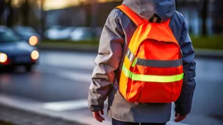Adobestock 646415655 1440 Sicherheit Verkehr Kind©Ednurg S Person mit reflektierendem Rucksack und grauer Jacke steht am Straßenrand