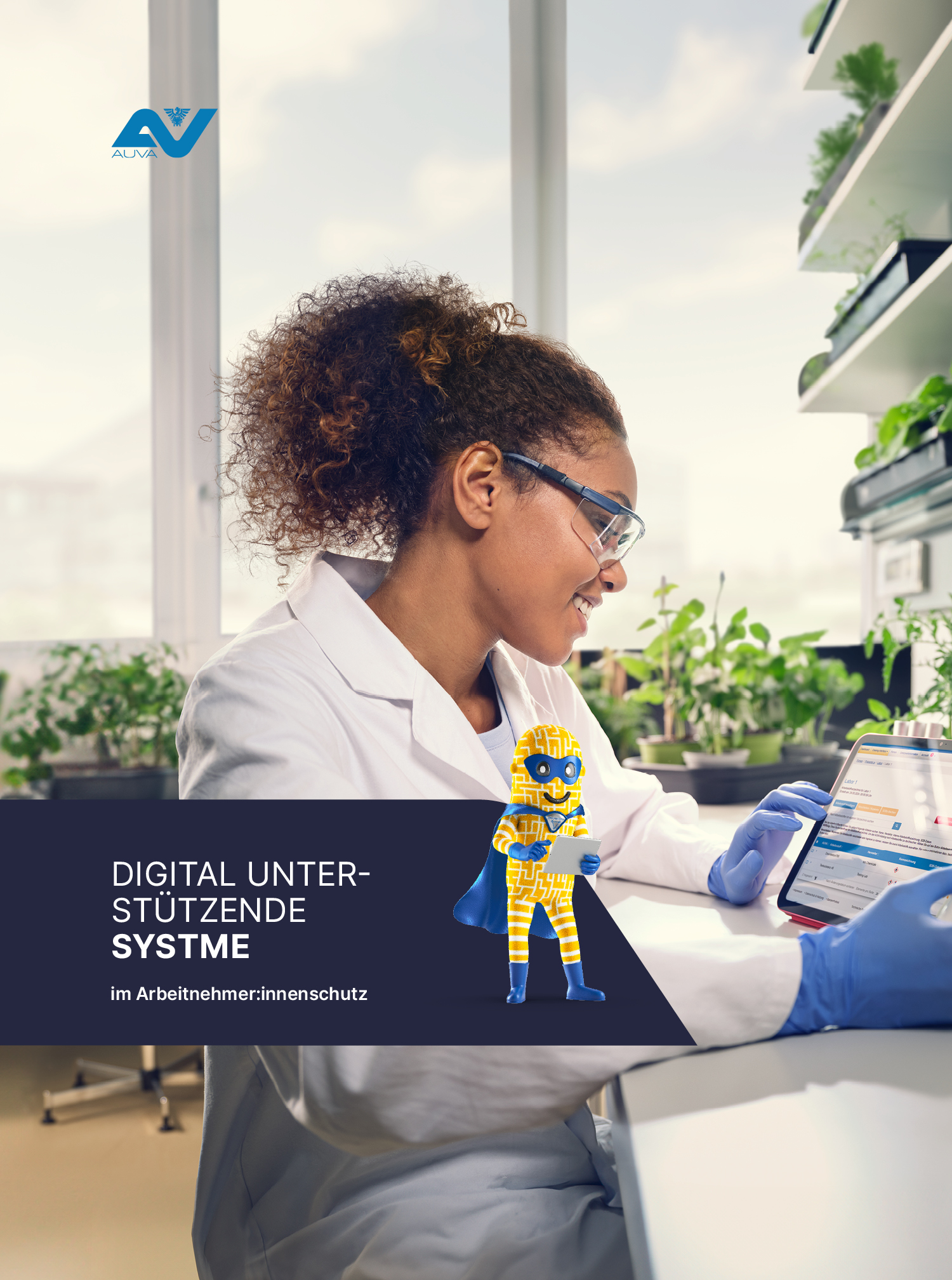 Frau im Labor schaut sich am Tablet den Stoffenmanager an. 