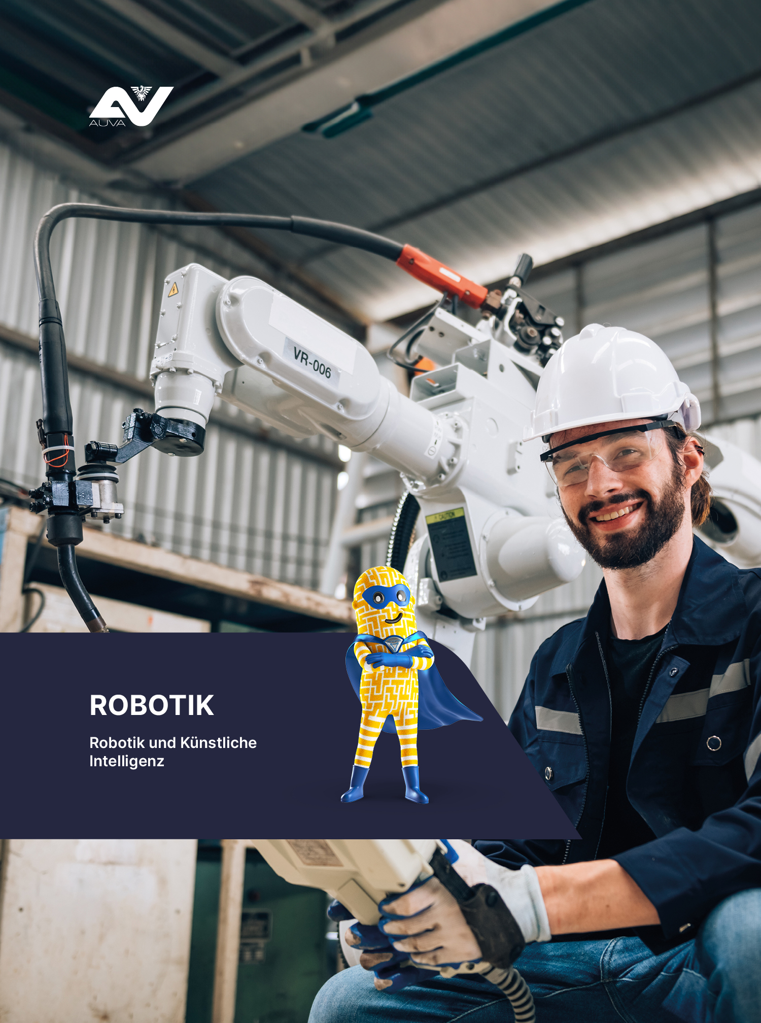 Cover Factsheet Robotik: Mann hält Steuerung von Roboter in der Hand. 