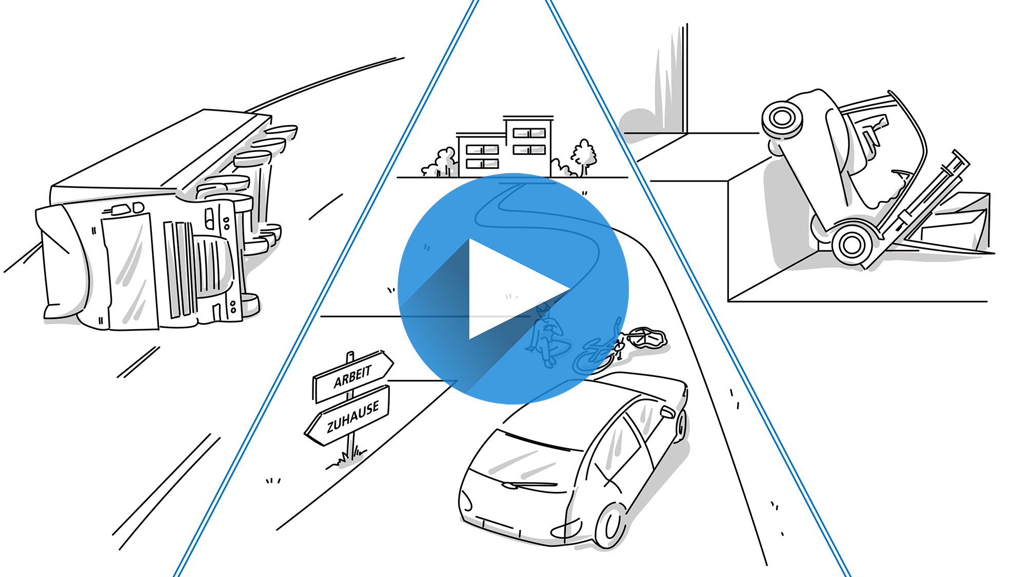 gezeichnete Darstellung eines verunfallten LKW, eines verunfallten PKW und eines verunfallten Staplers