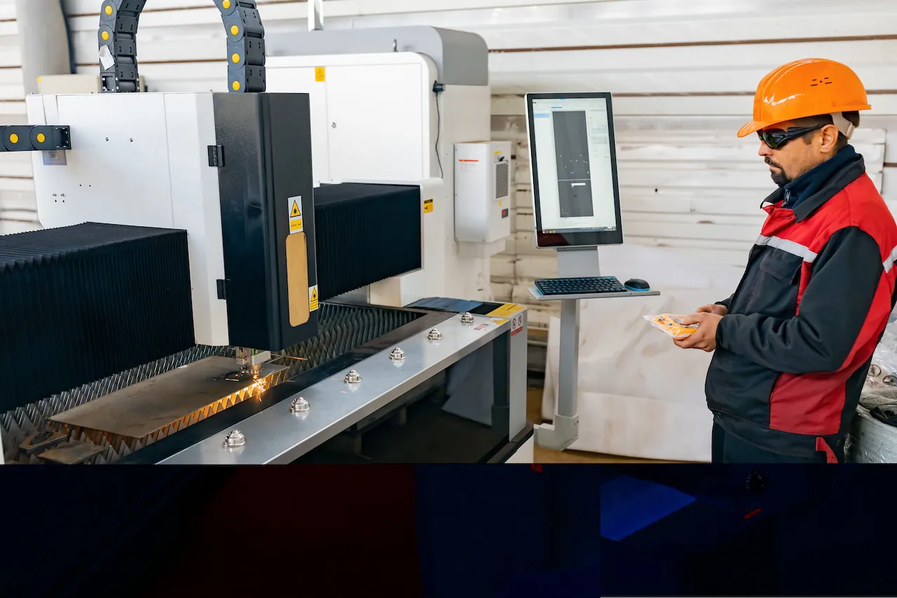 Arbeiter mit Laserschutzbrille bedient Metallverarbeitungsmaschine.