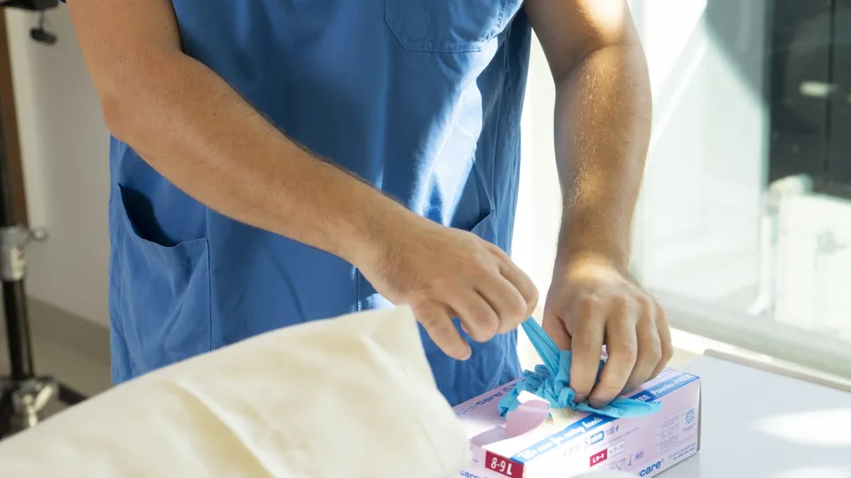 Mitarbeitende zieht einen blauen Hygienehandschuh aus einem Karton Mitarbeitende zieht einen blauen Hygienehandschuh aus einem Karton