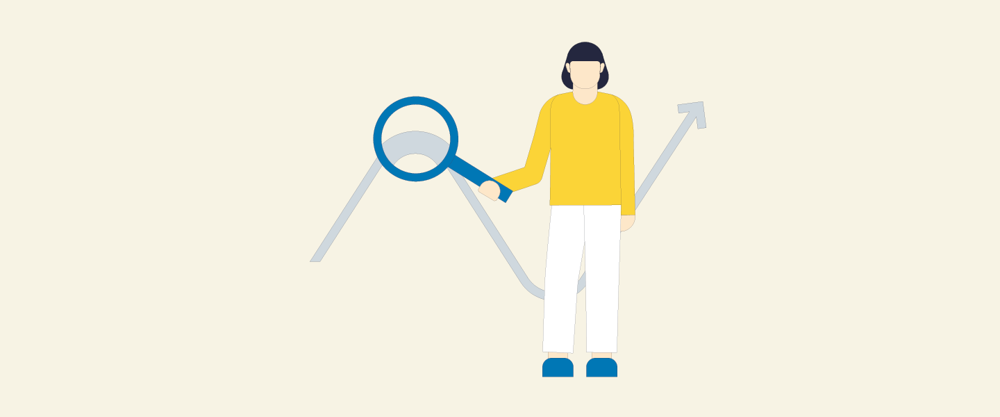 Illustration einer Person, die eine Lupe auf eine Datenkurve hält.