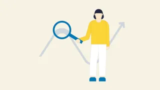 Webinar Firmenbericht Header2 1440 Credit Buerobauer Illustration einer Person, die eine Lupe auf eine Datenkurve hält.