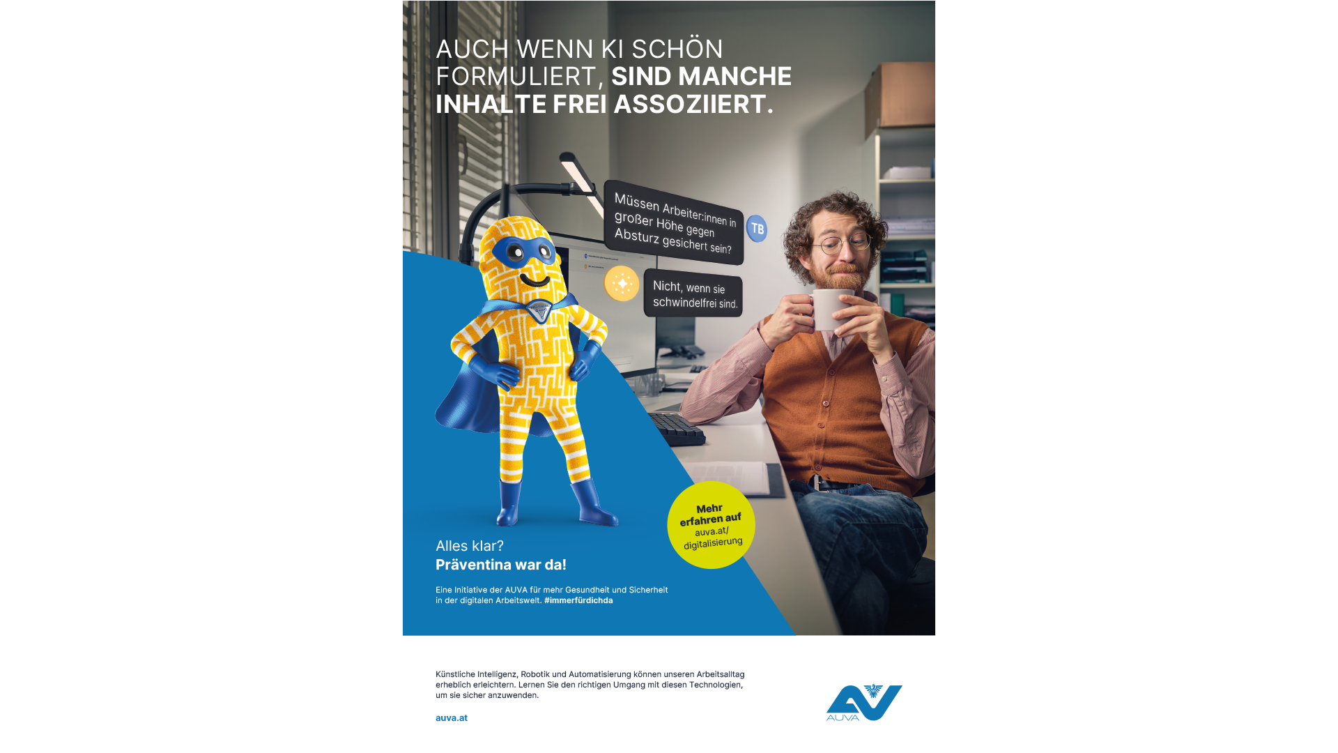 Arbeitnehmer:innen Sujet Robotik & KI: Auch wenn KI oft schön formuliert sind manche Inhalte frei assoziiert. 