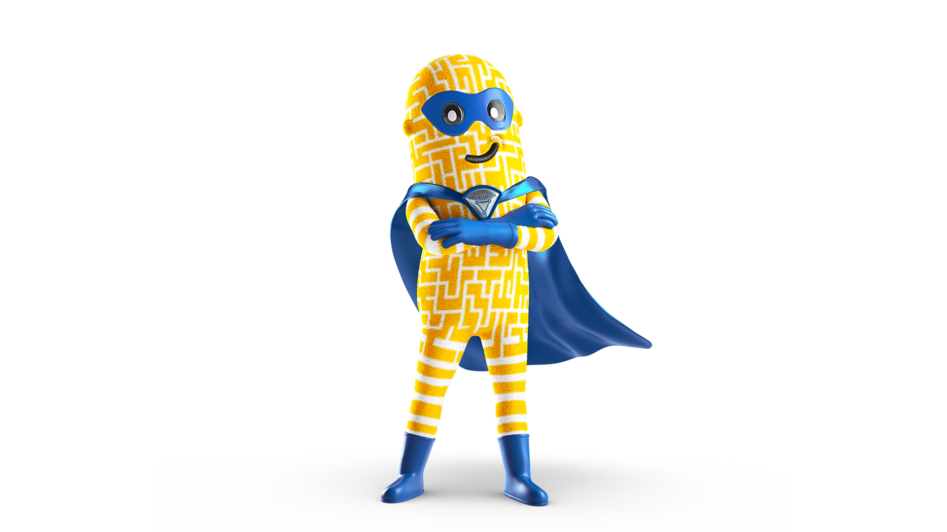 Präventina steht selbstsicher mit wehendem Umhang. 