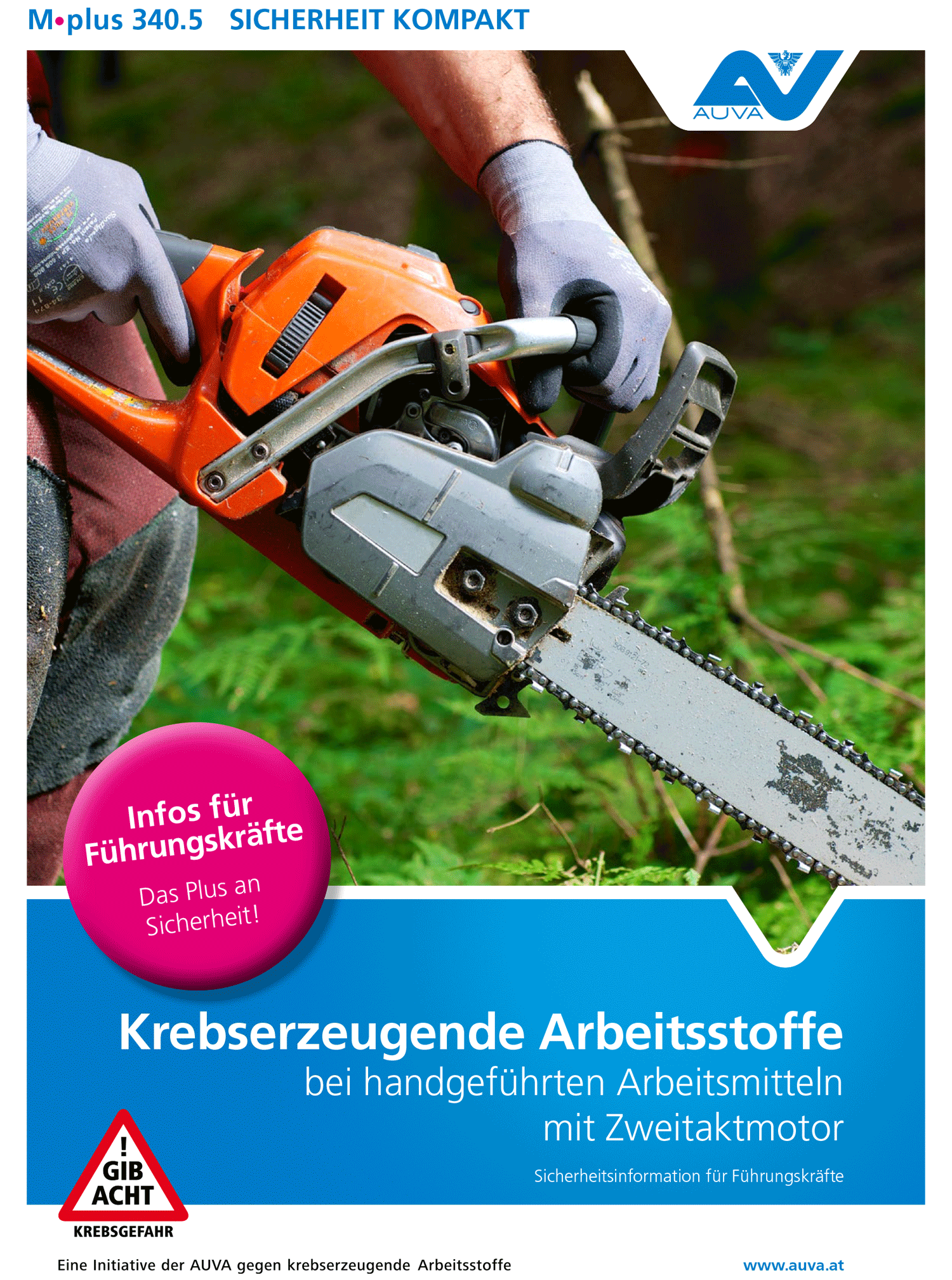 Titelbild des Merkblattes "M.plus 340.5 Krebserzeugende Arbeitsstoffe bei handgeführten Arbeitsmitteln mit Zweitaktmotor"