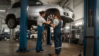 2150170020 1440 Credit Image By Freepik Mann und Frau stehen in einer Autowerkstatt neben einer Hebebühne