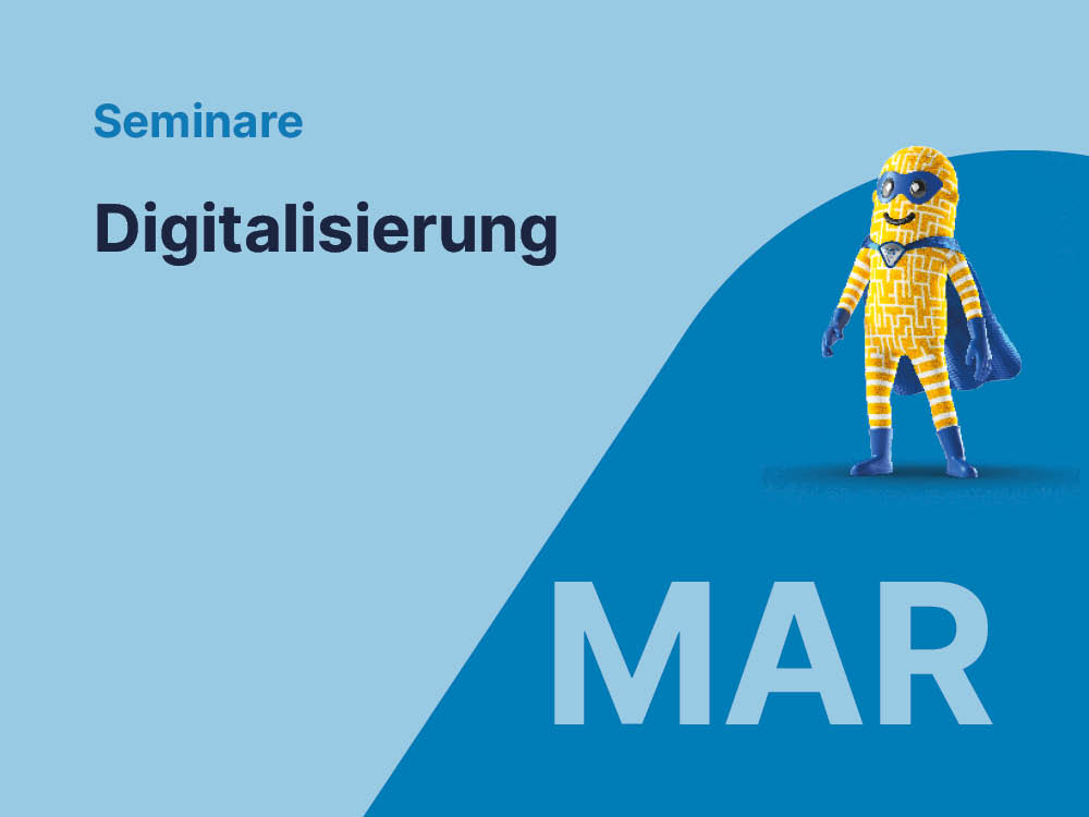 Ankündigungssujet für ein AUVA-Seminar aus der Digitalisierungs-Kampagne mit dem Präventina-Maskottchen